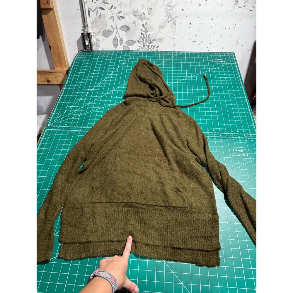Grace & Lace Olive Green Knit Hoodie Sweater Kangaroo Pocket High Low Hem